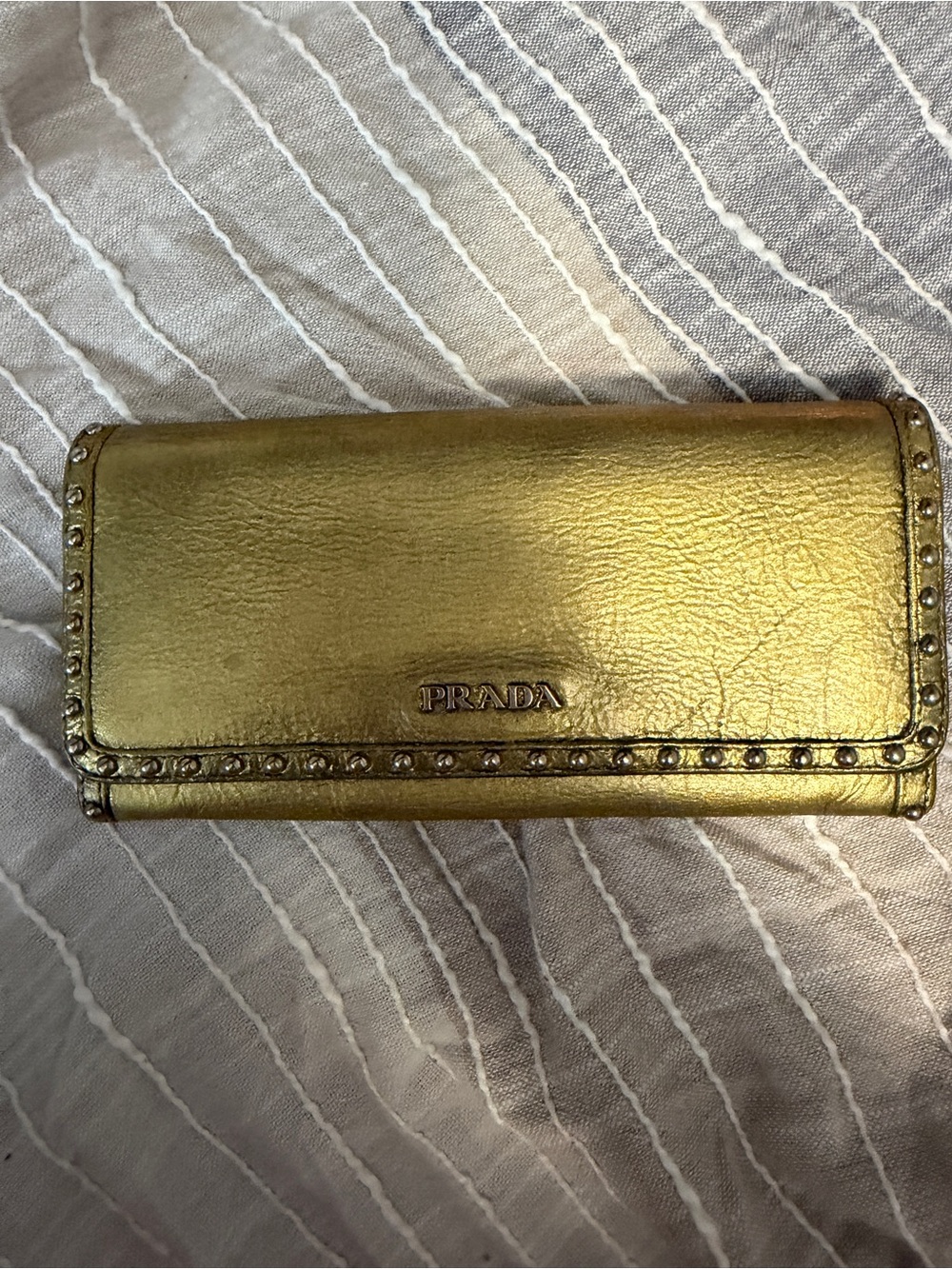 Prada Metallic Gold Leather Long Wallet with Stud Trim
